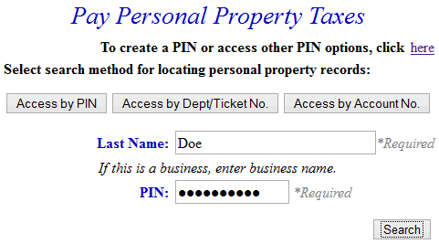 Search by PIN example screen